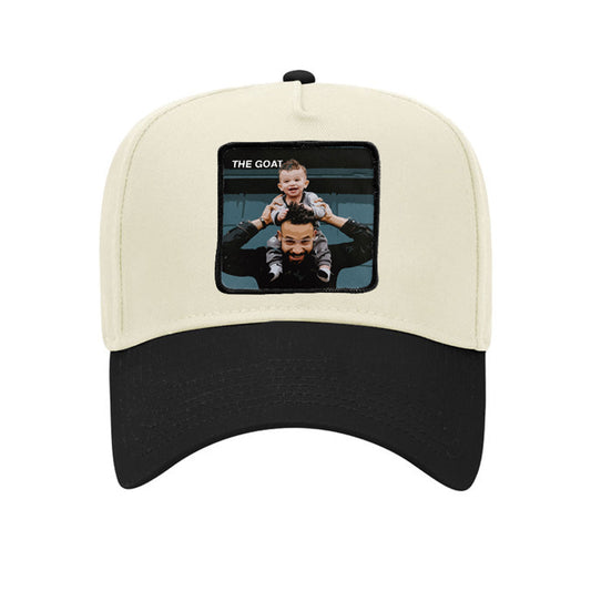 personalized hat with custom patch design in cream and black