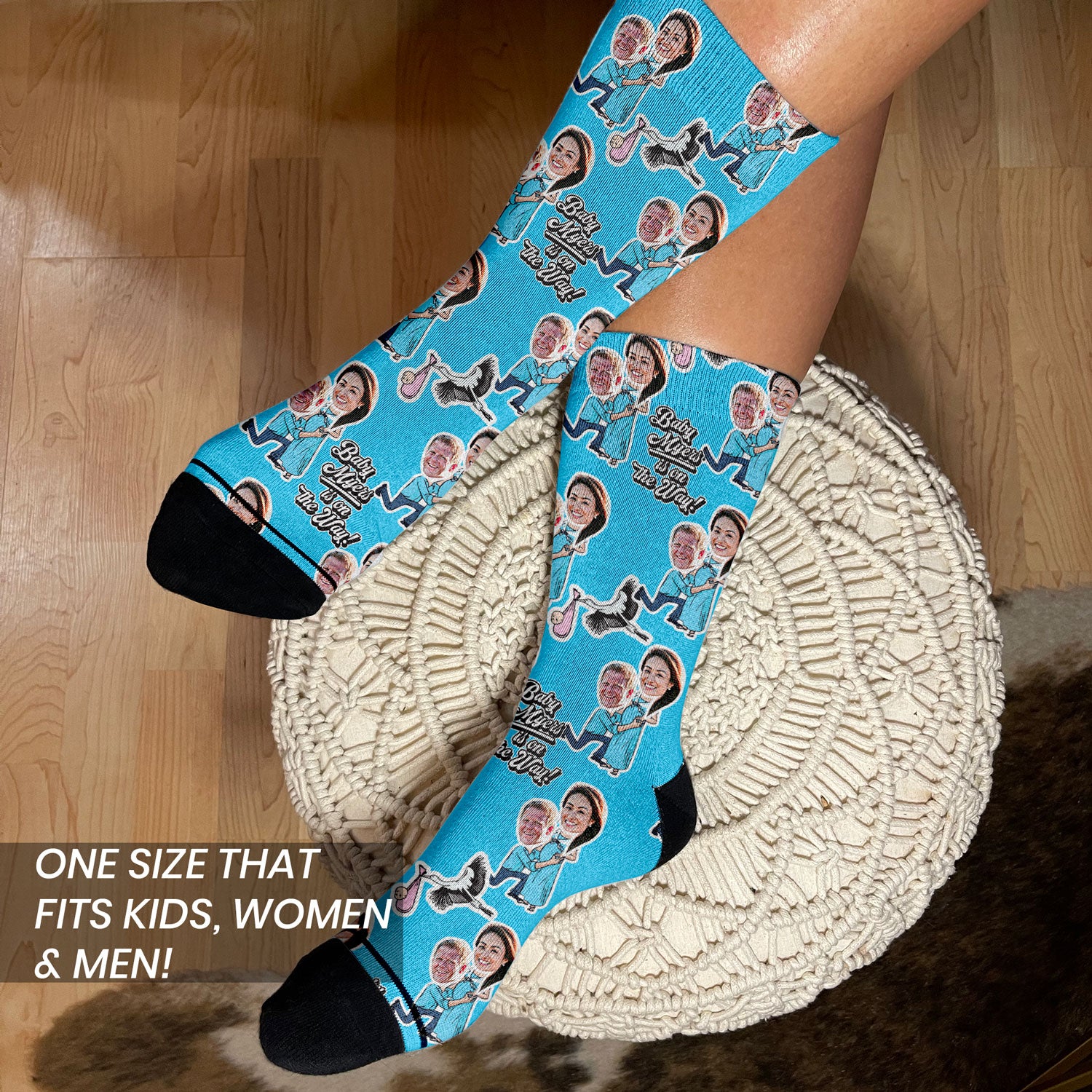 baby shower gifts personalized socks with faces of new parents on women's feet and kids feet