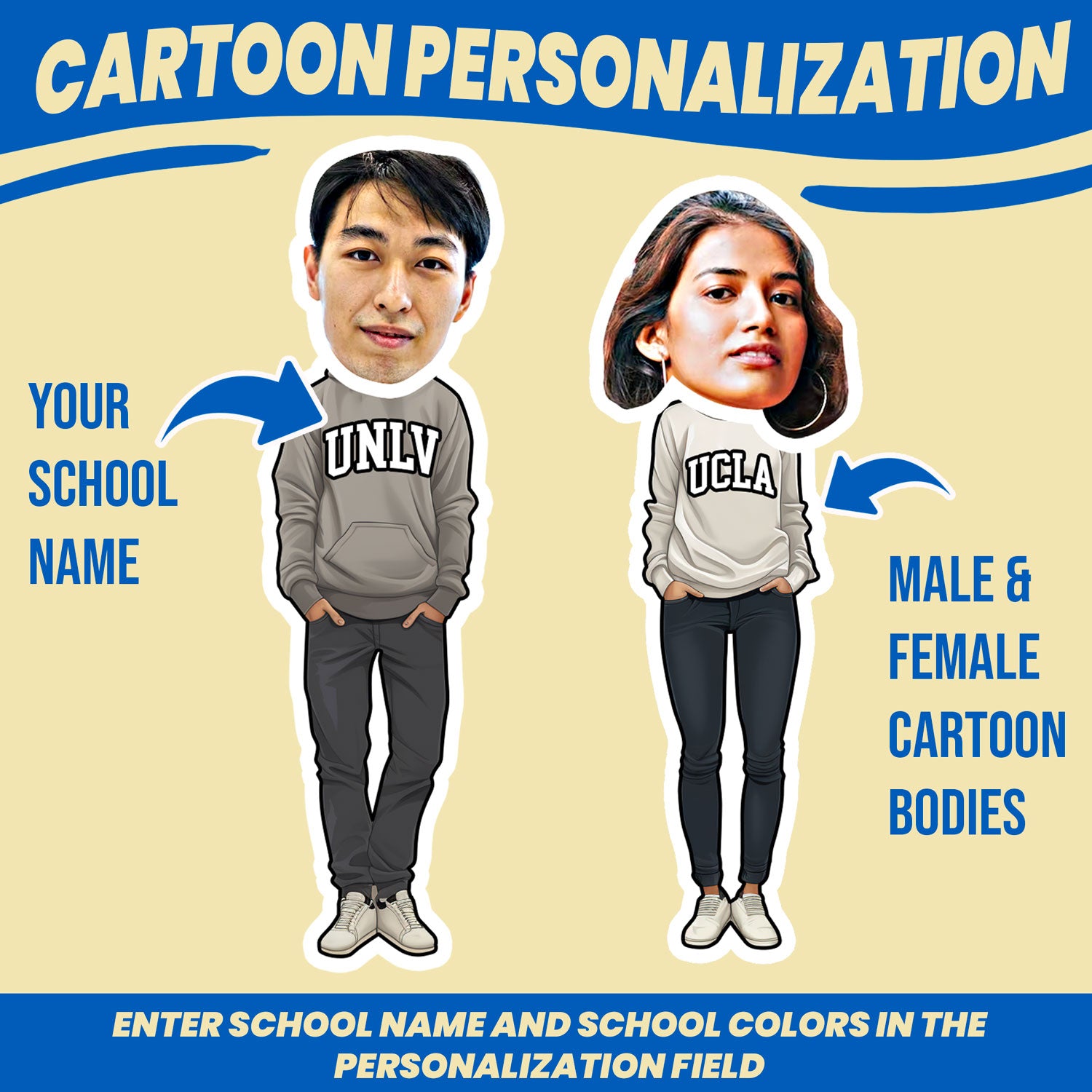 personalized going away to college gift cartoon college student can be customized wearing a sweatshirt with school's name