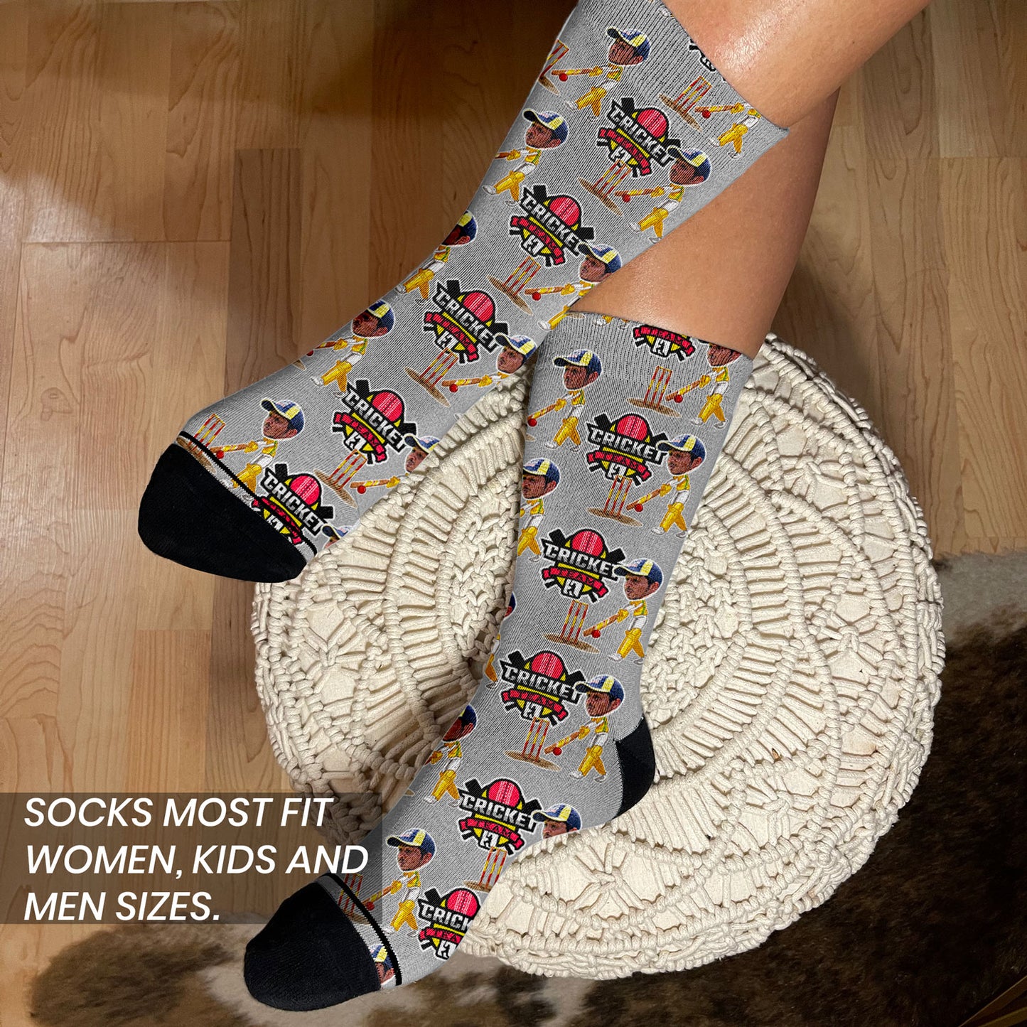 personalized cricket gift socks for team and coach on woman's feet showcasing the socks fitting on men, women and children