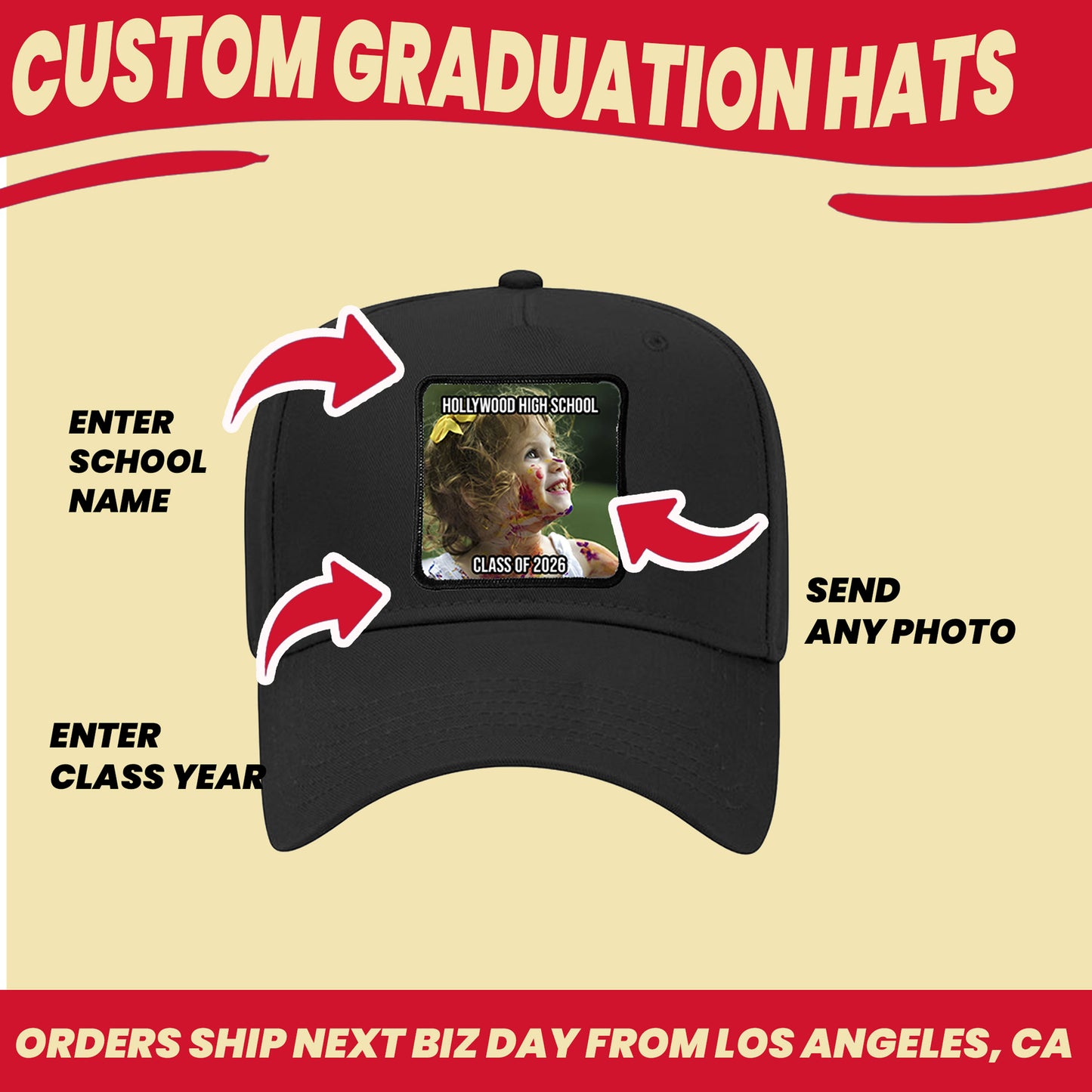 Personalized Graduation Hat – Custom Photo Patch + School Name