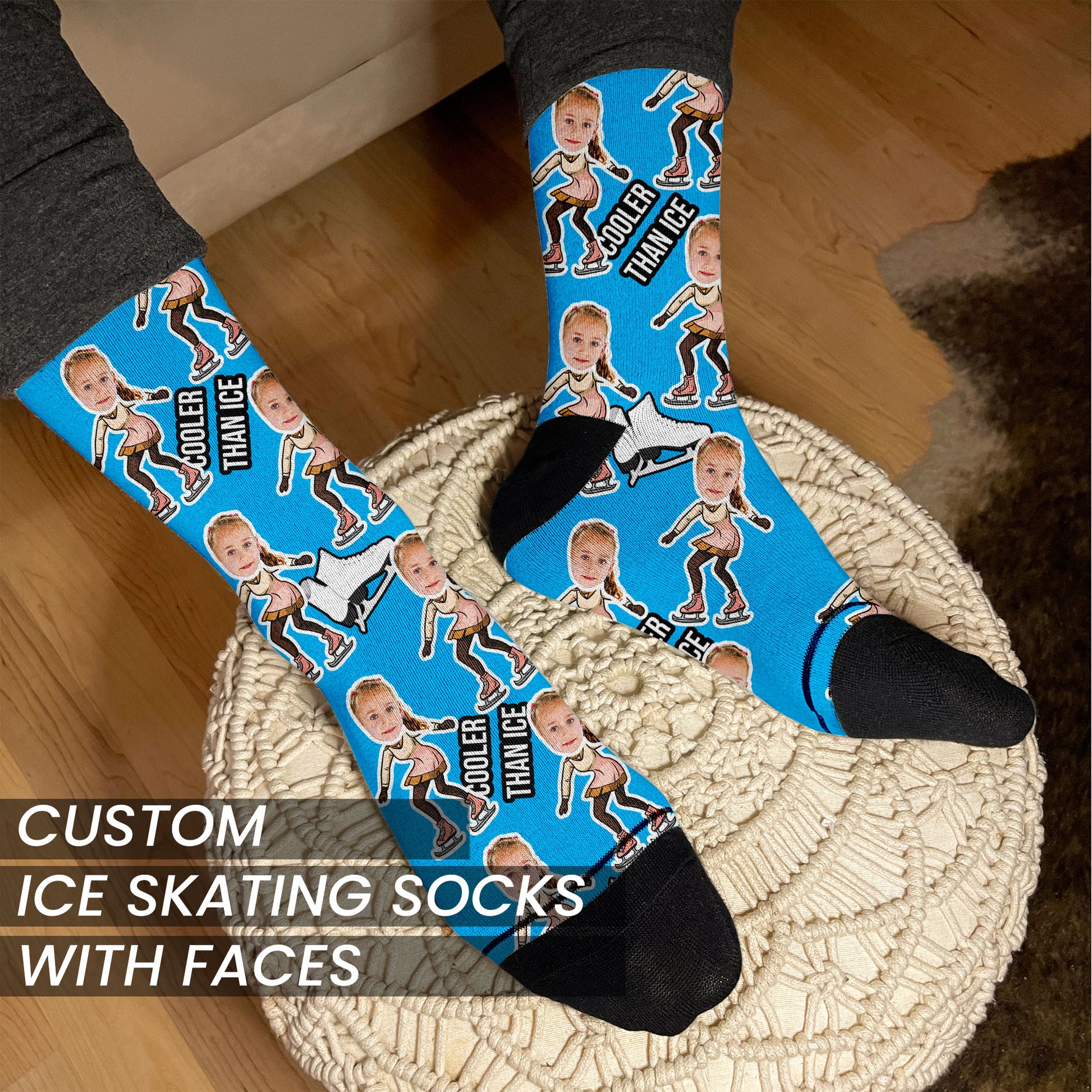 custom socks for ice skaters and figure skaters in light blue with your photo on a man's feet