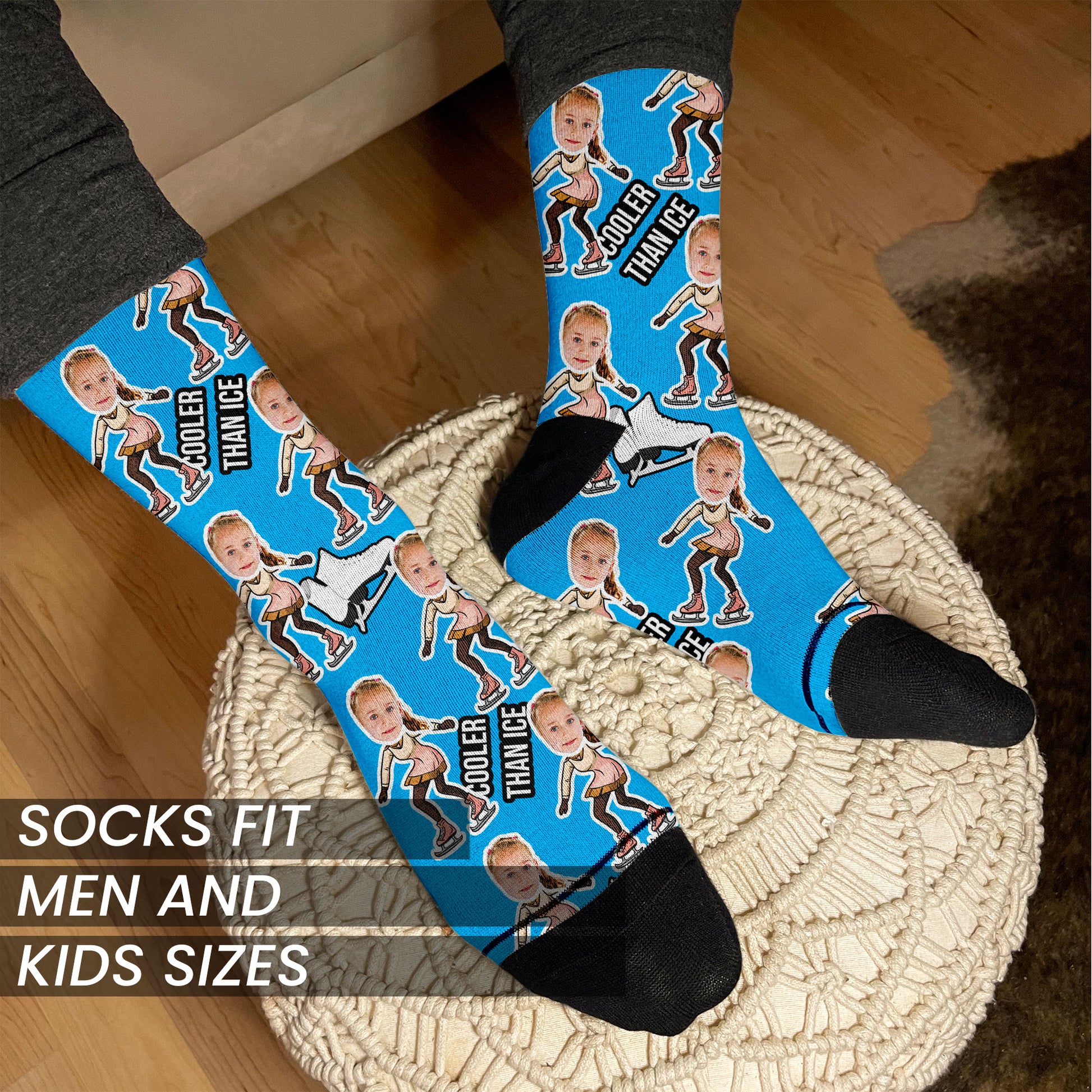 custom socks for ice skaters and figure skaters in light blue with your photo