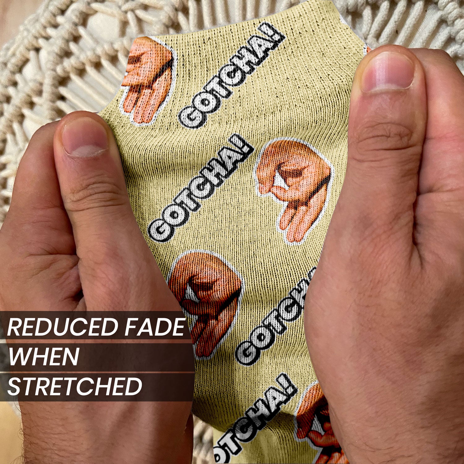 inside joke gift socks personalized with objects and text stretched socks to show print vibrancy 