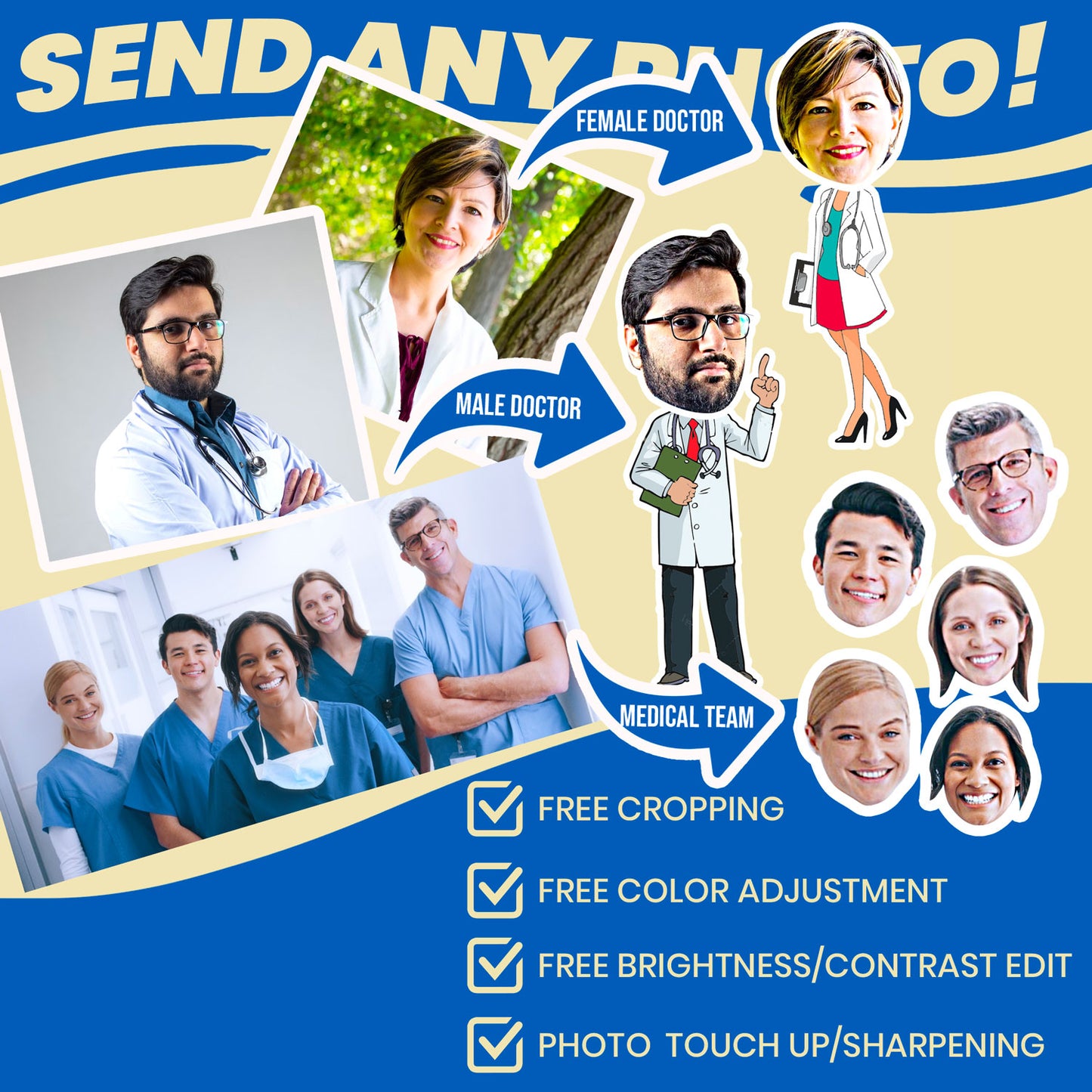 personalized socks with doctor's face and medical team cropping instruction which means no cropping needed as our team will edit photos for you