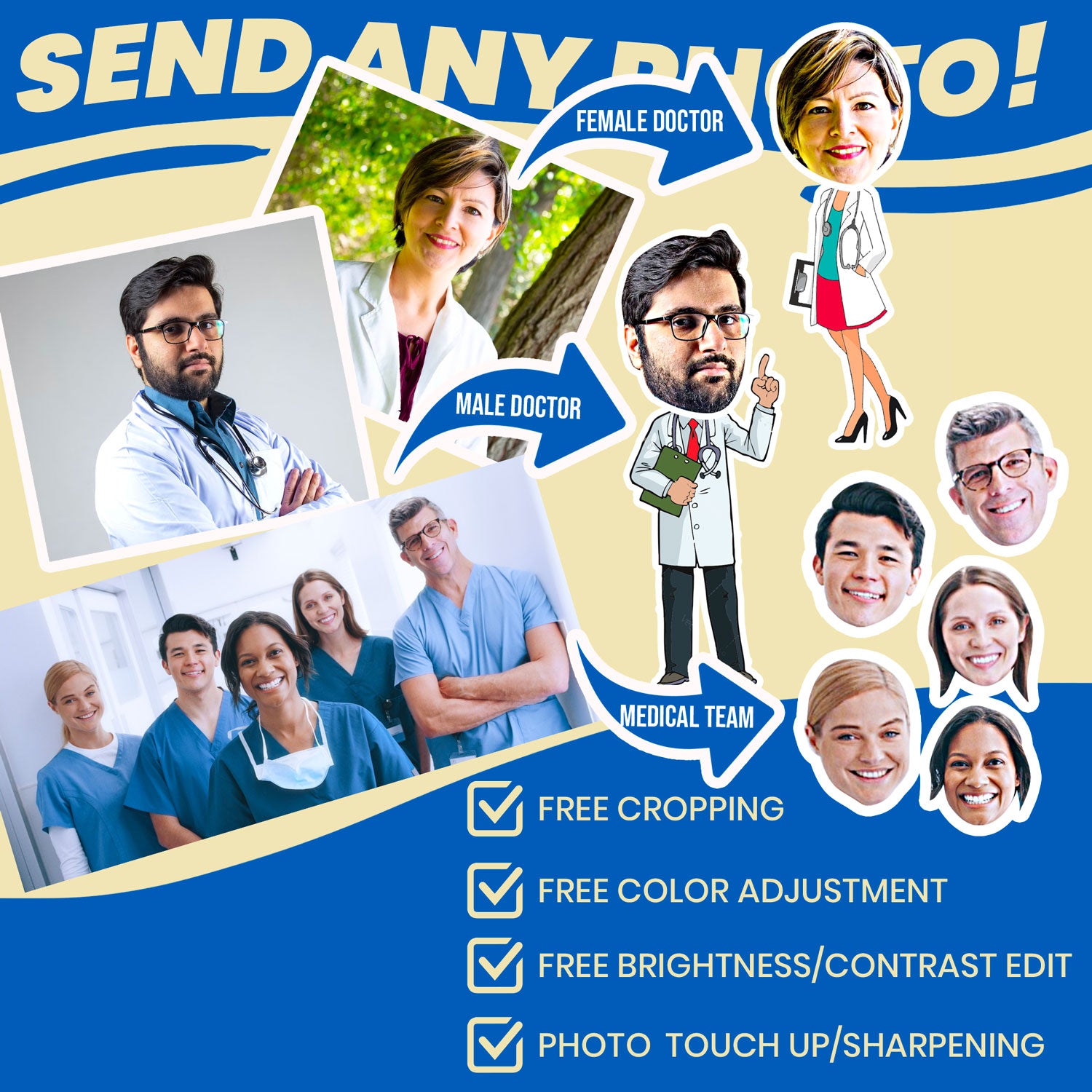 personalized socks with doctor's face and medical team cropping instruction which means no cropping needed as our team will edit photos for you