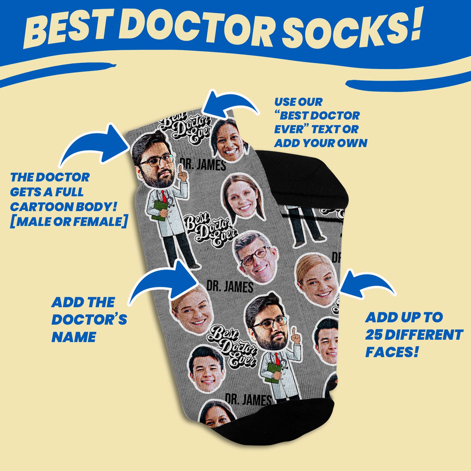personalized socks with doctor's face and medical team design options such as adding doctor's name, adding 25 different faces and the "best doctor ever" text to the personalized sock