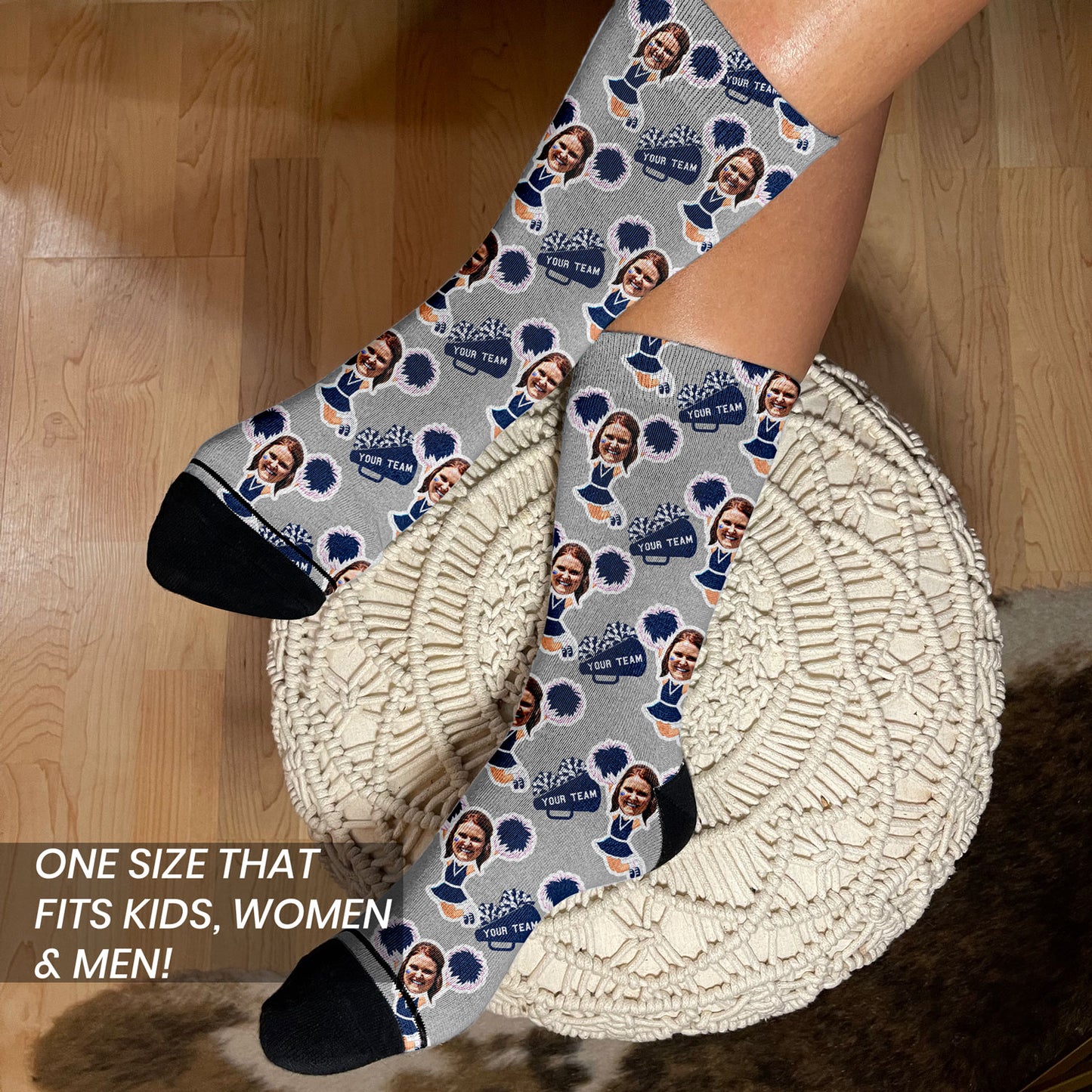 Personalized cheerleader gift socks with faces on woman's feet