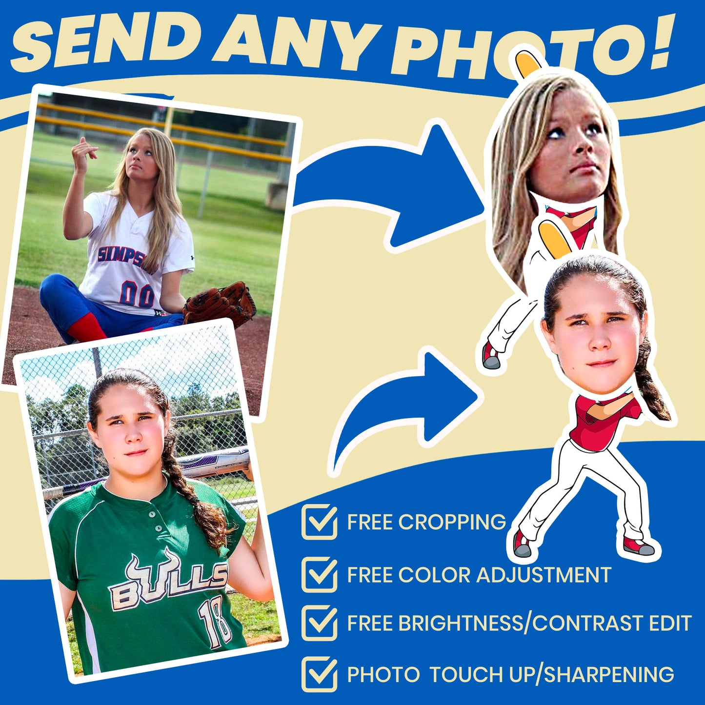 personalized softball socks with real photos on cartoon bodies showing how images are cropped for you