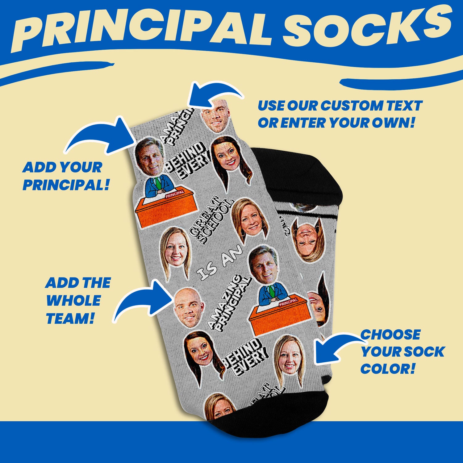 personalized school principal socks with faces design options