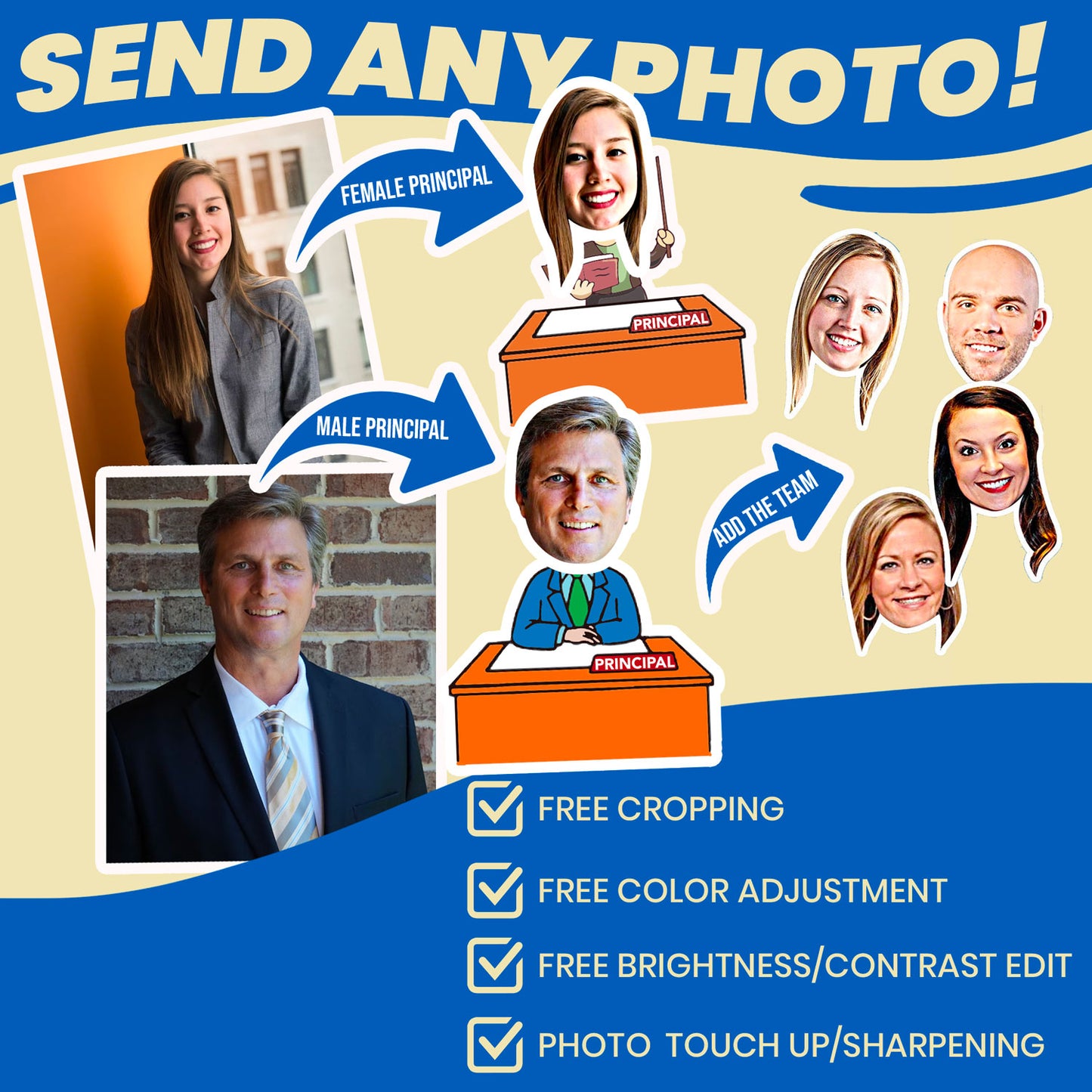 personalized school principal socks with faces of the staff image cropping service for free