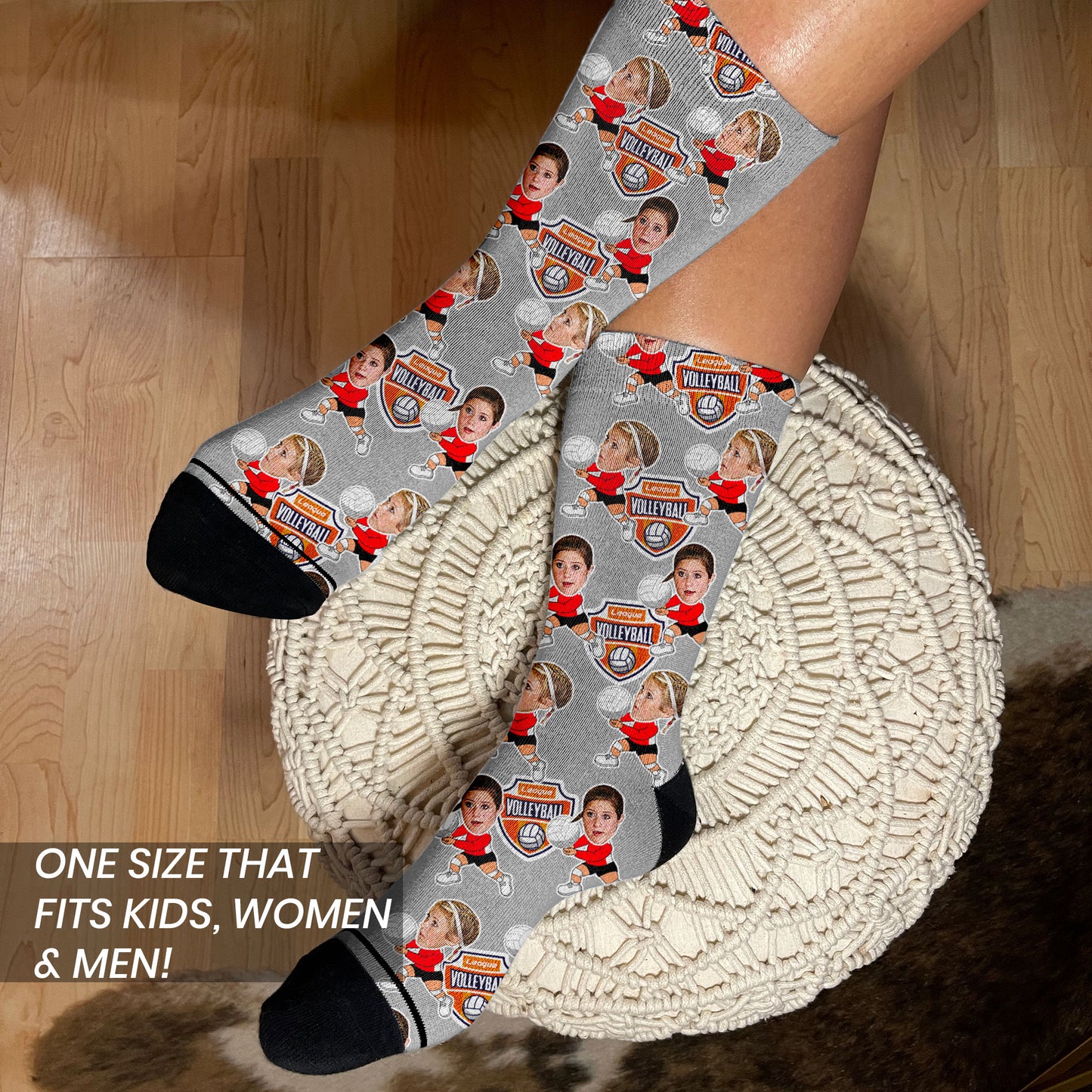 personalized volleyball socks with players faces and cartoon bodies on females feet